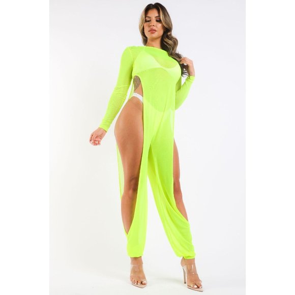 Women's Sexy Mesh Cover Up Jumpsuit Summer Bodycon Beachwear Suits Long Sleeve - Picture 5 of 11